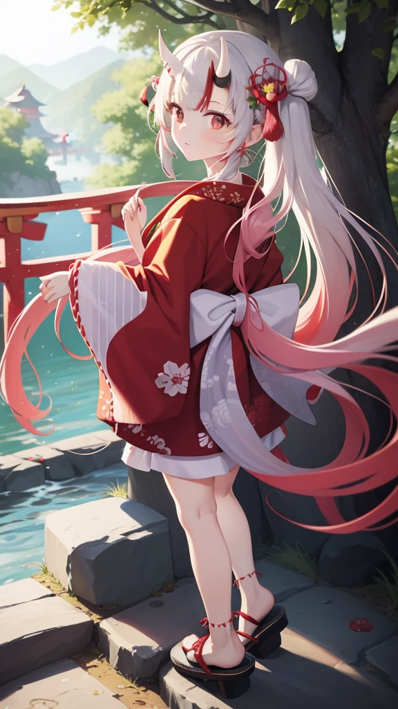 ((masterpiece,best quality)),outdoor, Red Torii, Tree,  stairs,, 2 girls, Shrine maiden,Shrine maiden, Looking at the audience, look back,, Red Legwear, red Ribbon, Black Hair,樱flower, sky, flower, Hair Bun, hair Ribbon, Japanese clothes, kimono, Long hair, Cat ears, small flowers，, Multiple girls,  Red Eyes, Red hair, Ribbon, sandals, single Hair Bun, permanent,clog sandals,white kimono, Yellow eyes,火flower,High Leg Raise,