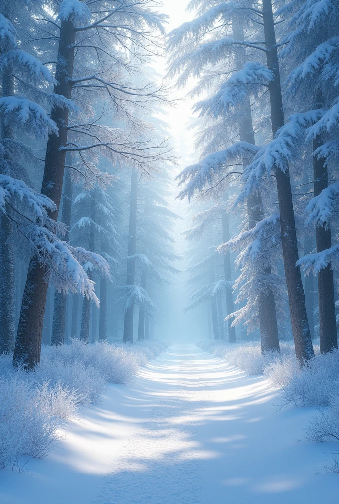 A dense forest blanketed in freshly fallen snow, with soft light from a hidden sun illuminating the scene. The snow-covered trees and ground create a peaceful, silent landscape, with a touch of whimsy reminiscent of a Miyazaki winter scene.