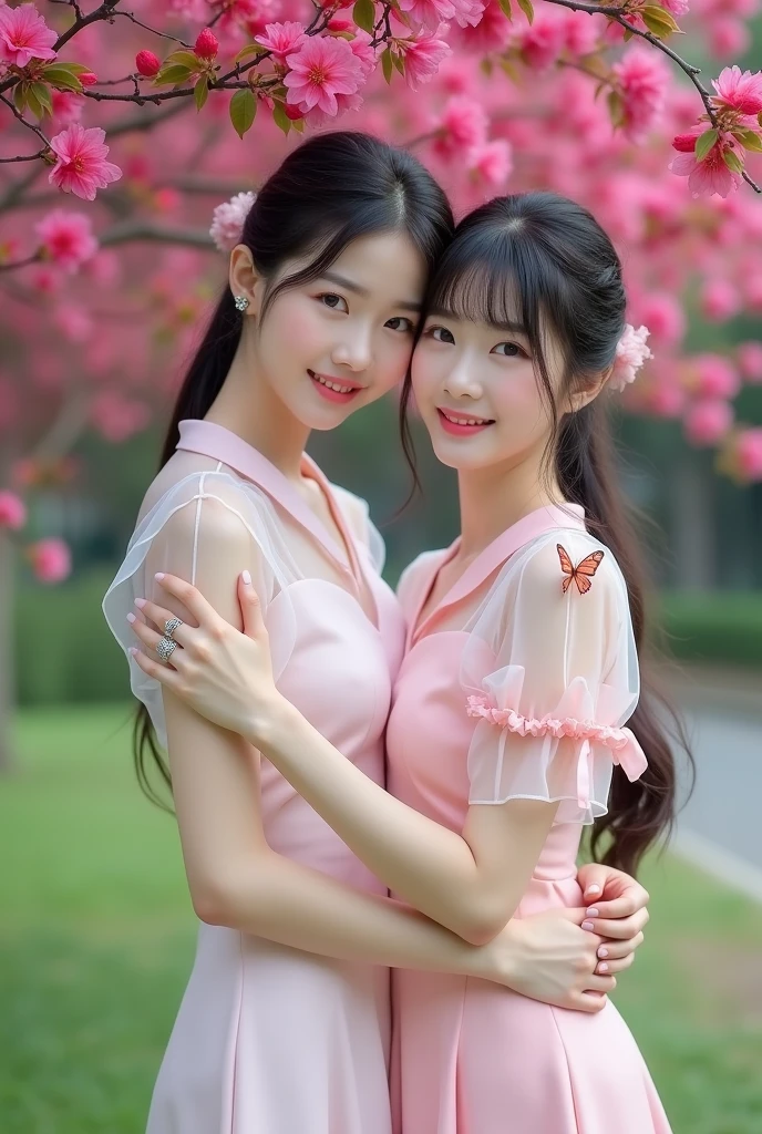 Beautiful Korean Women , smooth white skin, well-groomed face,Korean style updo with bangs,knee length dress, transparent short balloon sleeve,,left and right sleeves with butterfly motif ribbons,the color of the shirt is old, white shoes, luxury watch, smiled faintly, posing standing under a dark pink bougainvillea tree. in the city park,Hugging.kucing anggora berukuran sangat besar, bokeh background, Realistic original photo. 
