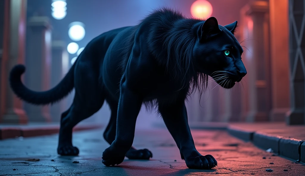 Complete full body image and very real. A Panther Woman, she walks gracefully on two legs, with long black hair, black fur with deep indigo blue slitted eyes. mischievous look Photorealism, full view, highly detailed image, very realistic, hyperrealism, Ultra HD, 8k, 5, sharp focus, intricate and mysterious masterpiece. (Long exposure photography Very detailed close-up portrait artistic illustration: final quality, medium shot, backlight, Rich and striking. Enigmatic and mysterious manipulations (composition of the rule of thirds), ((detailed environment with strong lines) The best quality, in camera, white light, warm and clean aesthetics, dazzling screen composed of millions of brilliant ultraviolet rays, HDR.