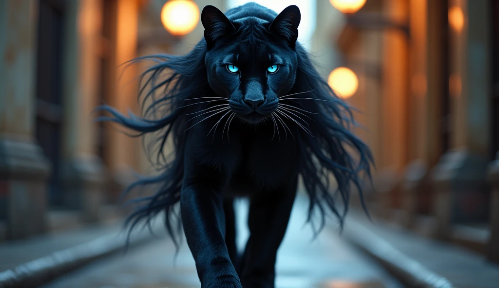 Complete full body image and very real. A Panther Woman, she walks gracefully on two legs, with long black hair, black fur with deep indigo blue slitted eyes. mischievous look Photorealism, full view, highly detailed image, very realistic, hyperrealism, Ultra HD, 8k, 5, sharp focus, intricate and mysterious masterpiece. (Long exposure photography Very detailed close-up portrait artistic illustration: final quality, medium shot, backlight, Rich and striking. Enigmatic and mysterious manipulations (composition of the rule of thirds), ((detailed environment with strong lines) The best quality, in camera, white light, warm and clean aesthetics, dazzling screen composed of millions of brilliant ultraviolet rays, HDR.