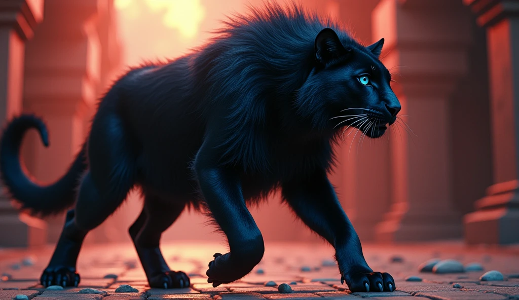 Complete full body image and very real. A Panther Woman, she walks gracefully on two legs, with long black hair, black fur with deep indigo blue slitted eyes. mischievous look Photorealism, full view, highly detailed image, very realistic, hyperrealism, Ultra HD, 8k, 5, sharp focus, intricate and mysterious masterpiece. (Long exposure photography Very detailed close-up portrait artistic illustration: final quality, medium shot, backlight, Rich and striking. Enigmatic and mysterious manipulations (composition of the rule of thirds), ((detailed environment with strong lines) The best quality, in camera, white light, warm and clean aesthetics, dazzling screen composed of millions of brilliant ultraviolet rays, HDR.