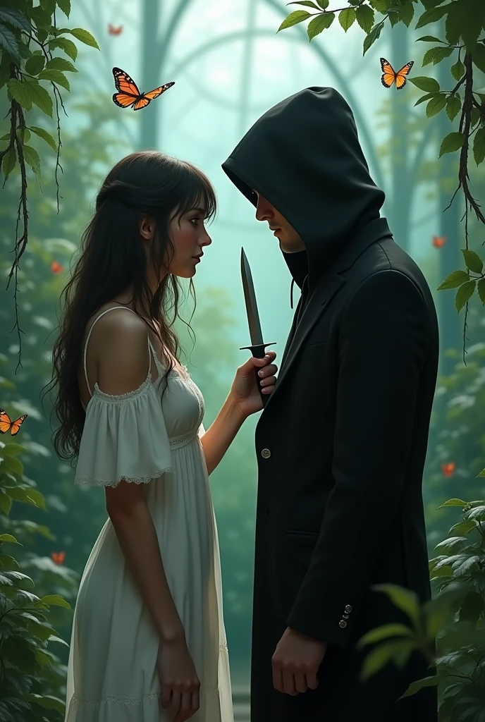 Create an image where a boy and a girl are inside a butterfly house. She has a white nightgown and long hair.. The boy has a black hooded suit. She has her back to him while he speaks in her ear. more realistic and both are separated. They are both adults. MORE ADULTS AND HE IS BEHIND HER. BOTH SEPARATED AND MORE BUTTERFLIES. SEPARATED PLEASE LET THEM BE SEPARATED. more butterflies and the girl is holding a dagger. She has a white nightgown on. more realistic. HE HAS HIS FACE MORE COVERED. They are face to face. Please improve it please improve it once more. THE FACE OF THE MOST COVERED PLEASE. She has the dagger at her neck. THE DAGGER IS CLOSER TO HIS BODY. more realistic. DON&#39;T FORGET THE DAGGER NEAR HIS NECK. A DAGGER CLOSER
