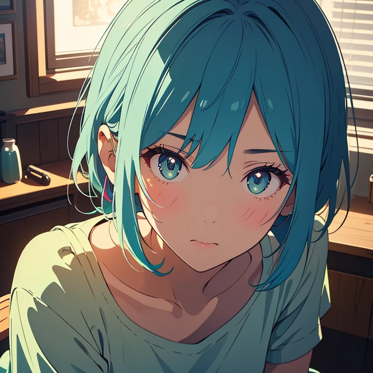 (masterpiece, best quality), adult girl, 20yo, 1girl, solo, hatsune miku, face shot, face close up, depth of fileld, bokeh, facial scratches, facial bruising, hospital room background, depressive atmosphere, sad girl, dark yellow lighting, dark room, sad face, crying face, ((tears in eyes, tears on face)), short hair, hospital clothes