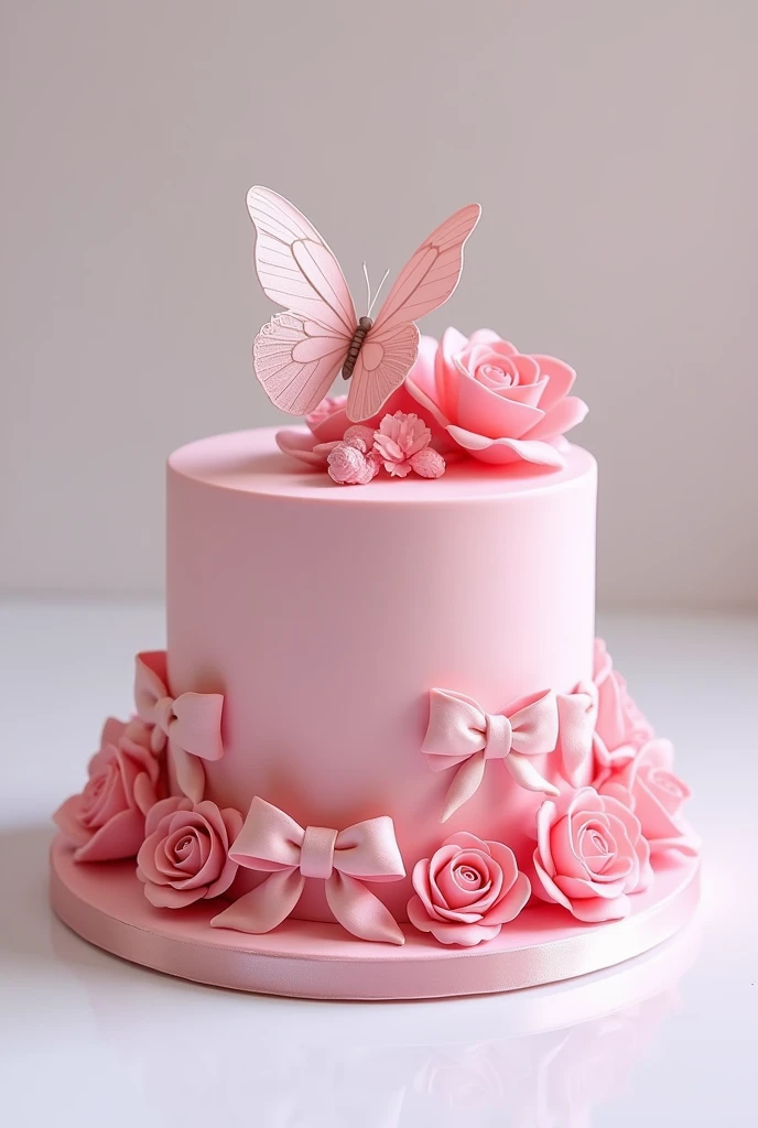 Make a 2 cm pink cake that has a butterfly on top, bows and roses on the bottom and that is the most beautiful in the world.