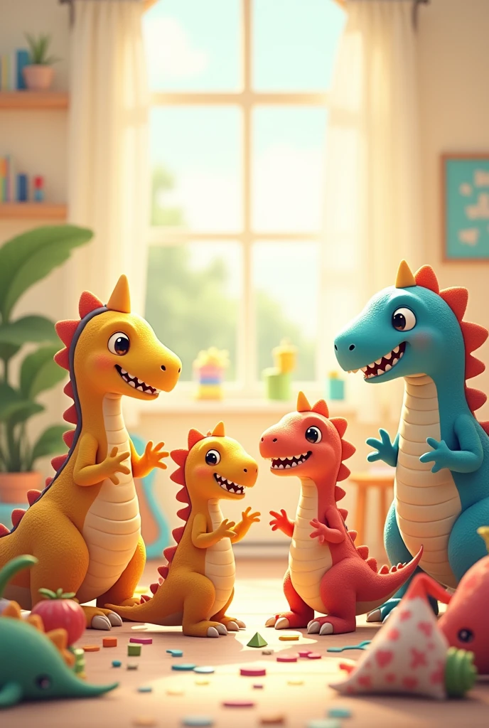 Create an image that describes the characteristic of being sociable in a child (represented with dinosaurs) as if they were talking in preschool with dinosaurs
