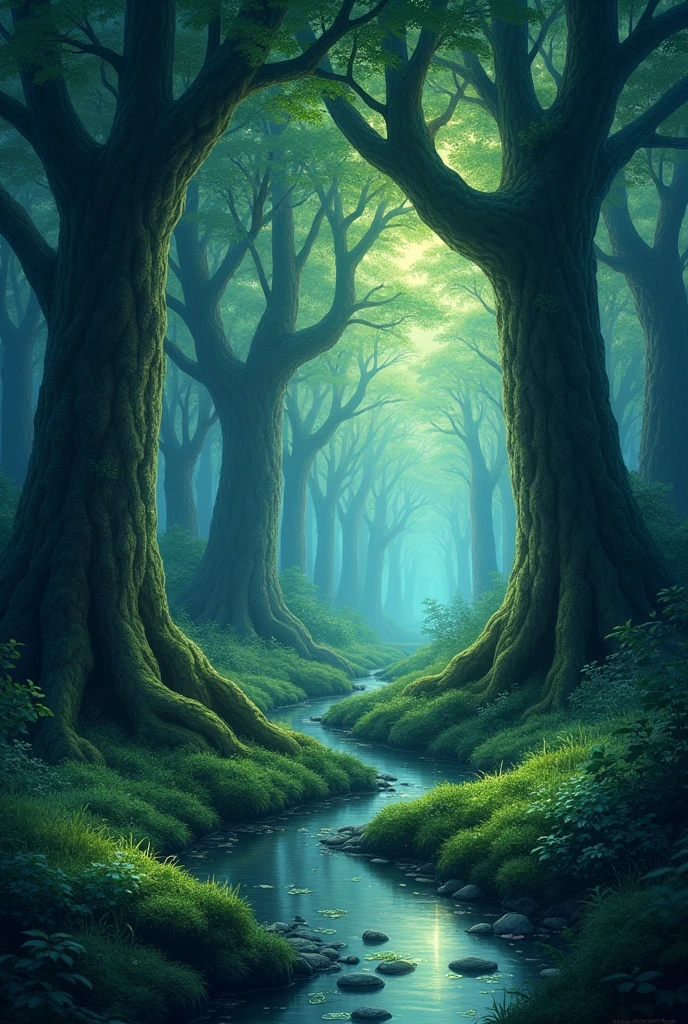 A dense forest with towering, ancient trees covered in moss, bathed in soft twilight. Fireflies hover around, creating a magical glow. The scene captures a mystical atmosphere with a gentle stream reflecting the twilight sky, evoking the tranquil charm of Hayao Miyazaki’s digital illustrations.