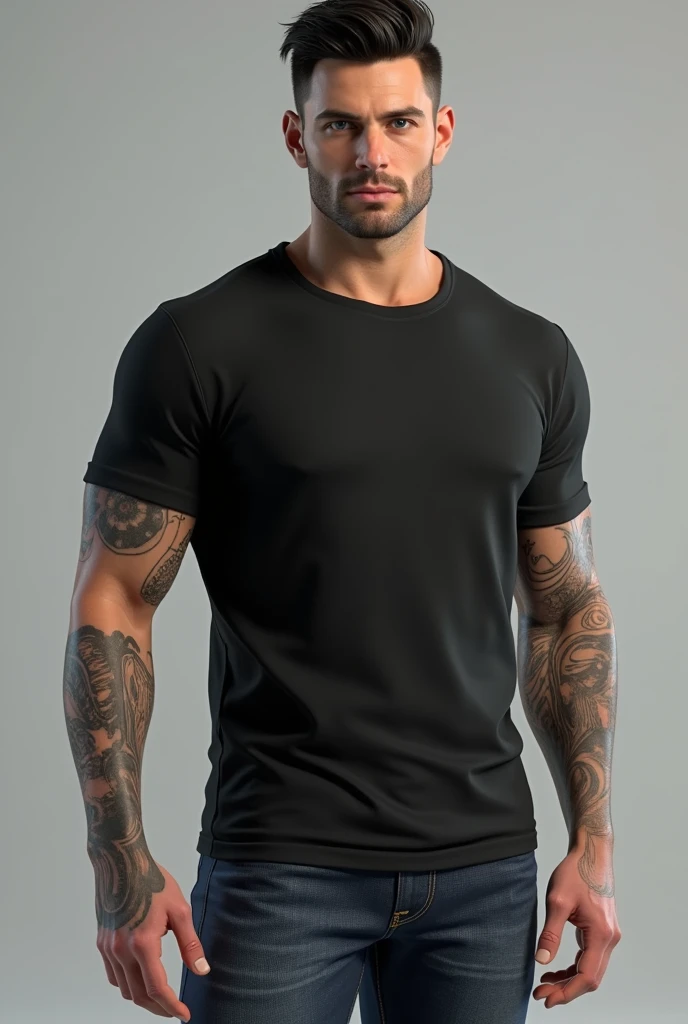 Man with black t shirt 3D model Tall 1,92 tall, age 26. . stylish short hair, . tattoos on the body. BIG BLUE EYES. sem beard. Stand straight 
