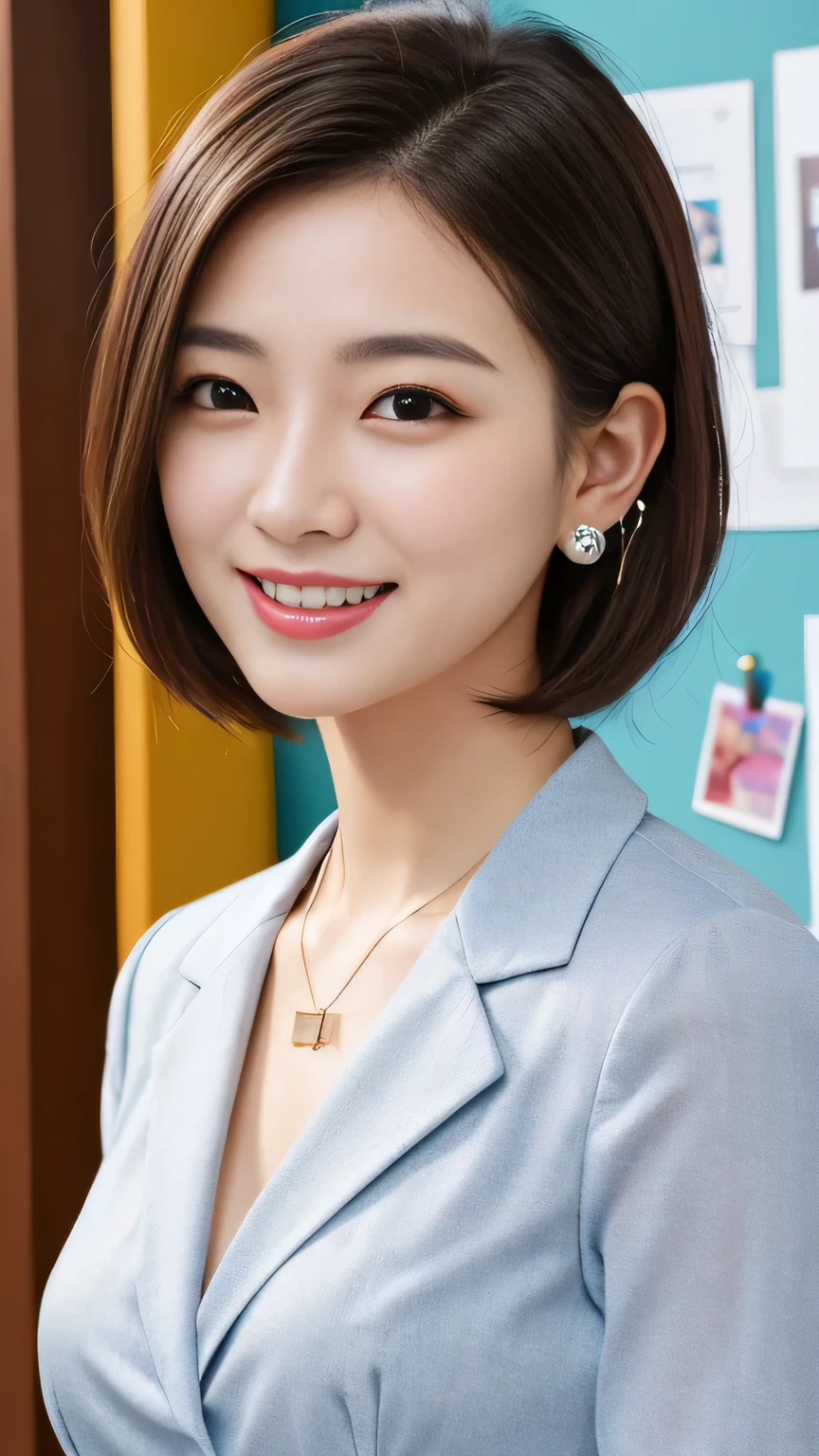 RAW Photos, High resolution, Very detailed, Intricate details, 、ear piercing、smile、short hair、Black Hair、Open your mouth a little、Clear beauty,(High quality fabric, Office Lady Suits 、Necklace around the neck、, The background is the office