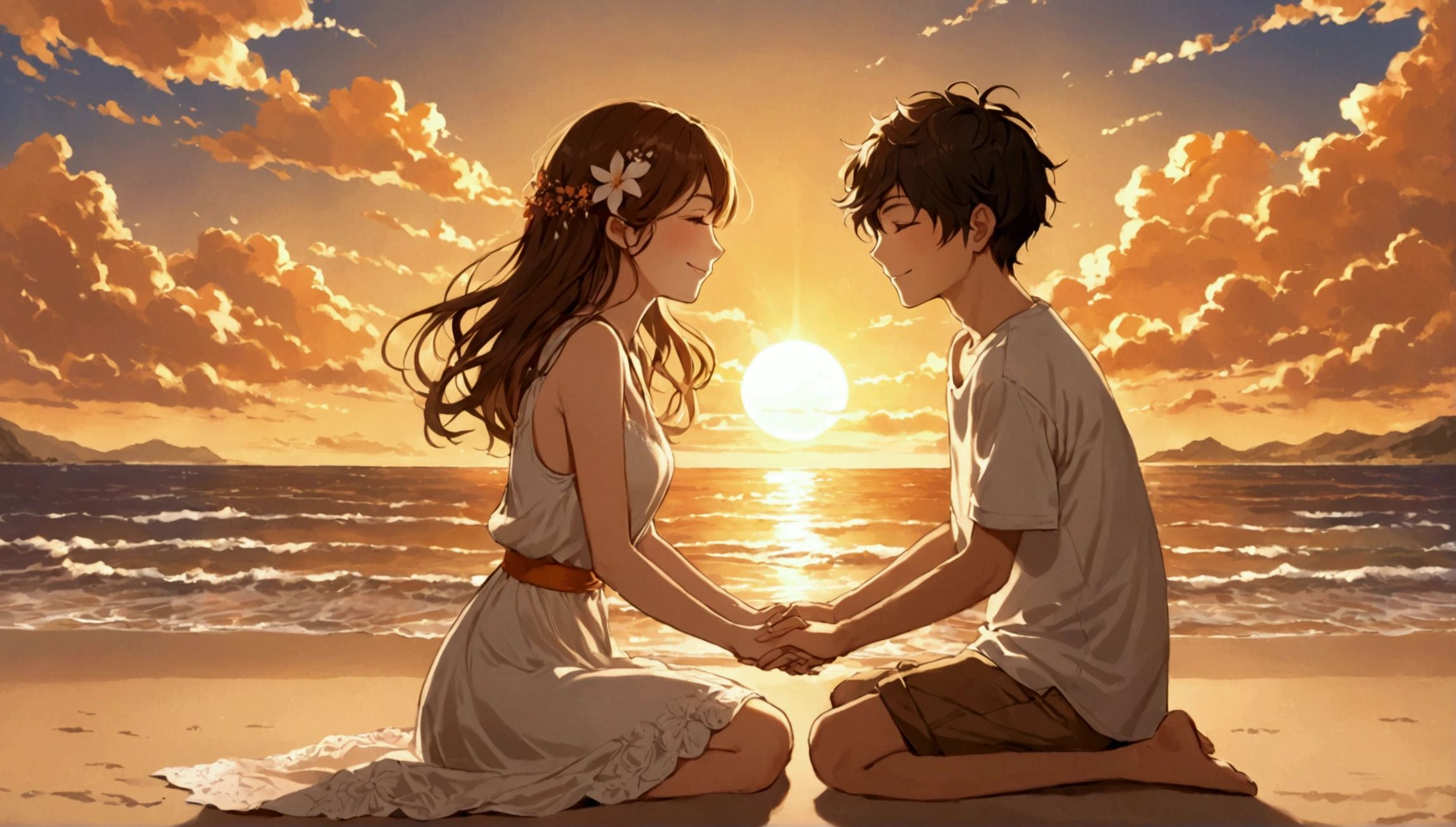 A beautiful boy and girl are crouching facing each other. The background is the setting sun on the beach, with golden clouds in the sky and orange sunlight falling from behind them. Fantastic. They are looking at the sunset together, touching hands, both smiling happily with their eyes closed. high quality, detail.