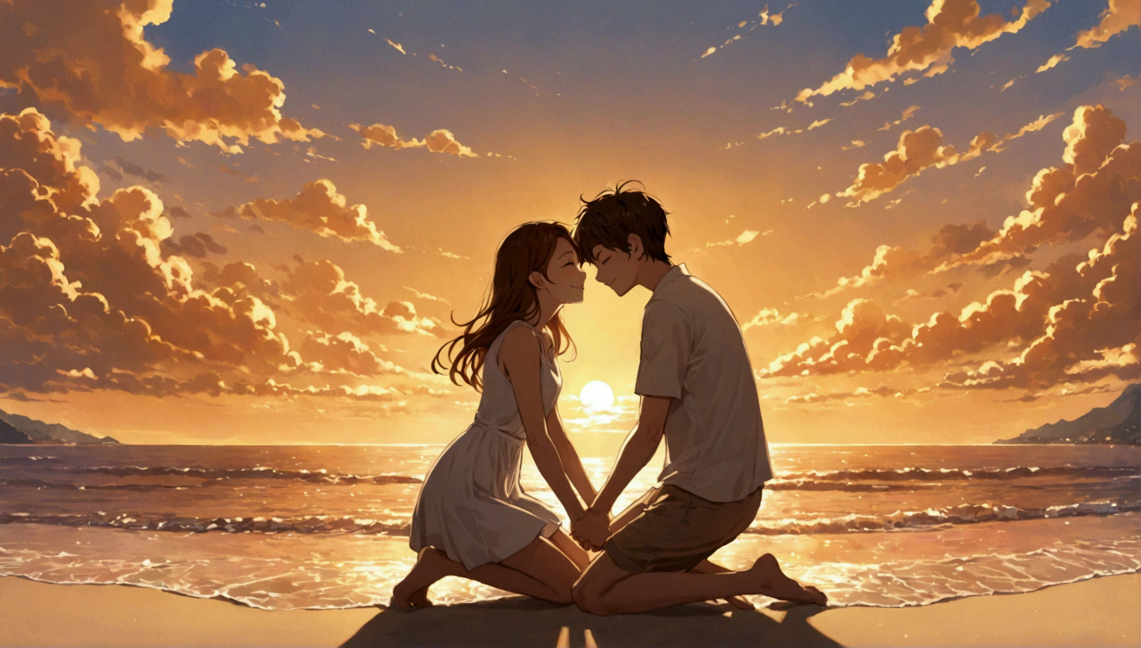 A beautiful boy and girl are crouching facing each other. The background is the setting sun on the beach, with golden clouds in the sky and orange sunlight falling from behind them. Fantastic. They are looking at the sunset together, touching hands, both smiling happily with their eyes closed. high quality, detail.
