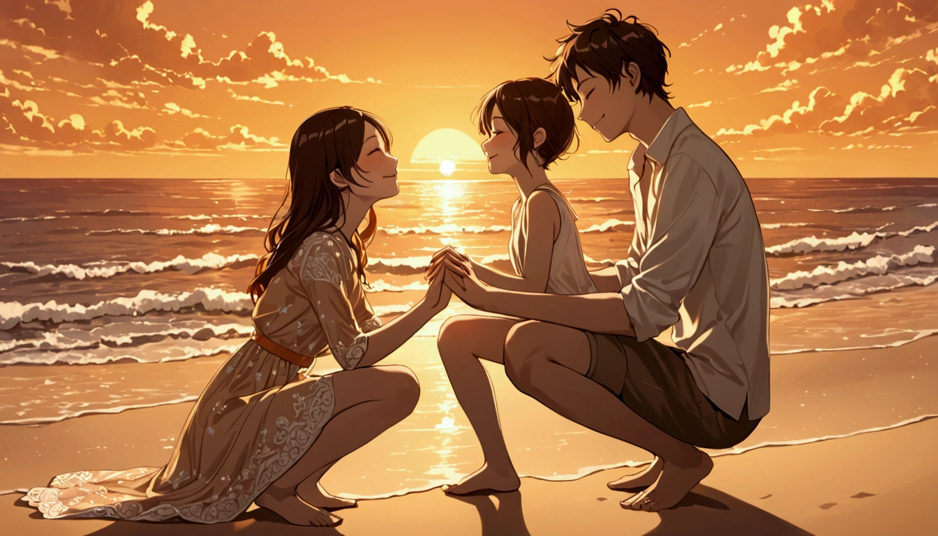 A beautiful boy and girl are crouching facing each other. The background is the setting sun on the beach, with golden clouds in the sky and orange sunlight falling from behind them. Fantastic. They are looking at the sunset together, touching hands, both smiling happily with their eyes closed. high quality, detail.