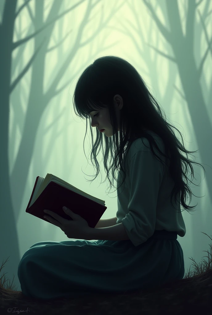 Silhouette of a girl with long hair sitting and reading a book 

