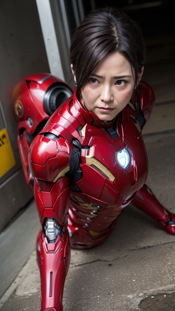 Highest quality 8k red armor Iron Man Suit Middle-aged women Sweaty face short hair Steam coming from the head My hair is wet with sweat Black Hair ((Falling to the ground)) Dead Injury Full body portrait 顔だInjury露出している