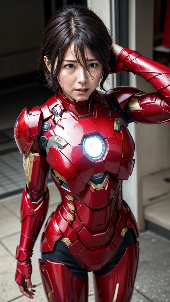 Highest quality 8k red armor Iron Man Suit Middle-aged women Sweaty face short hair Steam coming from the head My hair is wet with sweat Black Hair ((Falling to the ground)) Dead Injury Full body portrait 顔だInjury露出している