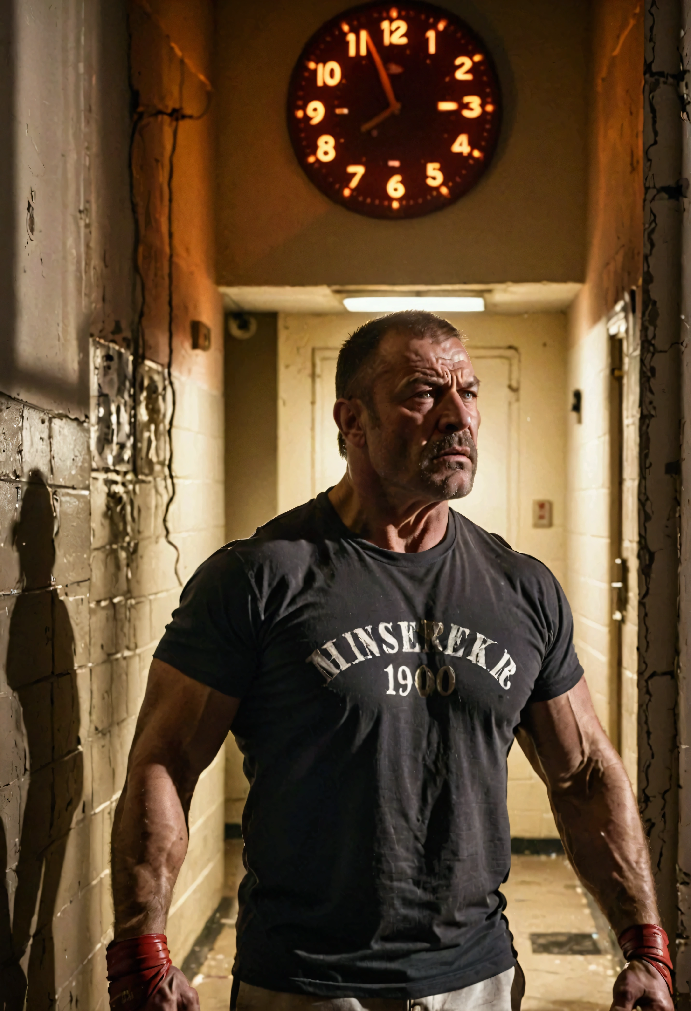 "Create an image of a muscular middle-aged wrestler standing in a dimly lit corridor, his expression serious and filled with pain. In the background, a large clock reads 10:00 PM. The atmosphere is dark and cold, with shadows enveloping most of the corridor. The wrestler is wearing a simple T-shirt, his hands clenching slightly as he reflects on his situation. The lighting should be soft and minimal, casting long shadows to create a sense of mystery and tension."