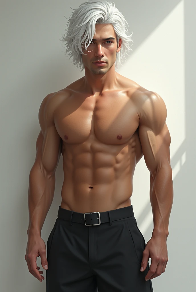 A handsome guy with white layered hair, no beard, slightly feminine face, big dick, chin without cleft, big dick