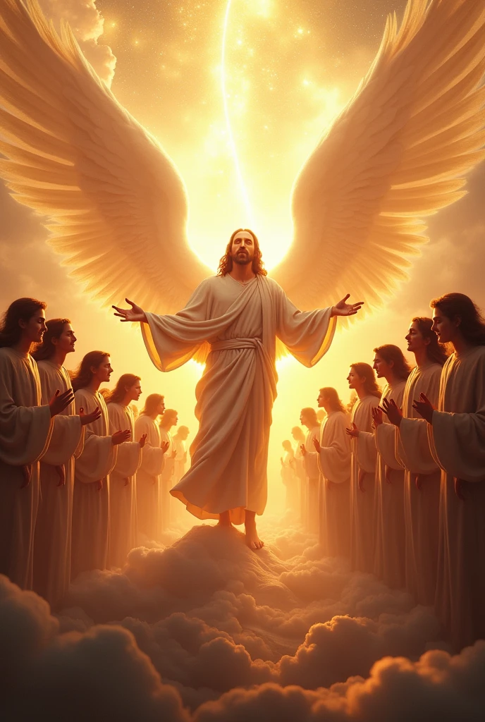 The return of Jesus with many angels. swirly vibrant colors.品質\(8k,extremely detailed CG unit wallpaper, Masterpiece artwork,high resolution,top-品質,top-品質 real texture skin,hyperrealisti,Increase the resolution,RAW Photos,melhor 品質,highy detailed,The wallpaper,cinematic lighting,ray tracing,golden ratio\).