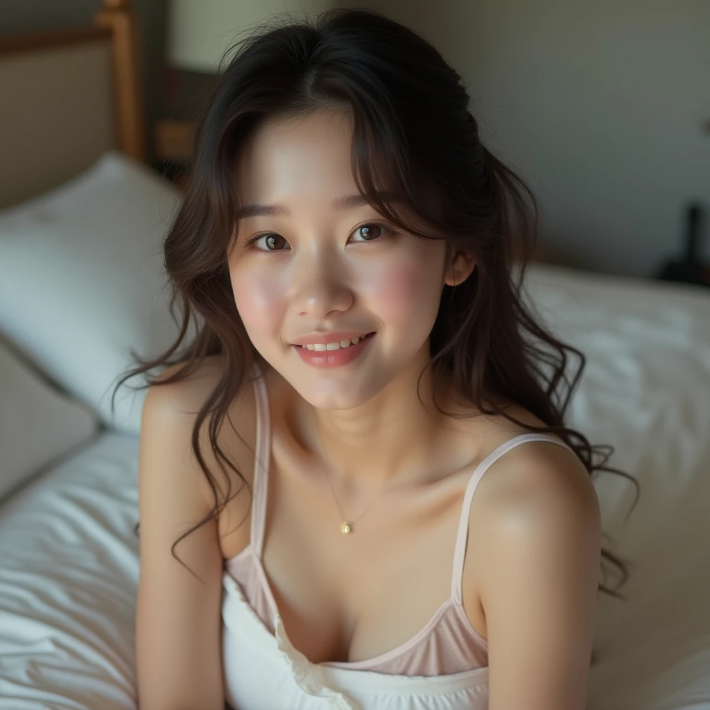 Realistic photo, Korean Beauty, smile、Completely naked、Lying in bed、sitting on the sofa in the living room, Detailed face and body, Natural light, High resolution, photoRealistic, (Highest quality,8k,High resolution,masterpiece:1.2),Very detailed,(Realistic,photoRealistic,photo-Realistic:1.37),Realistic skin texture,Beautifully detailed face,Smooth Skin,slender、dutch angle