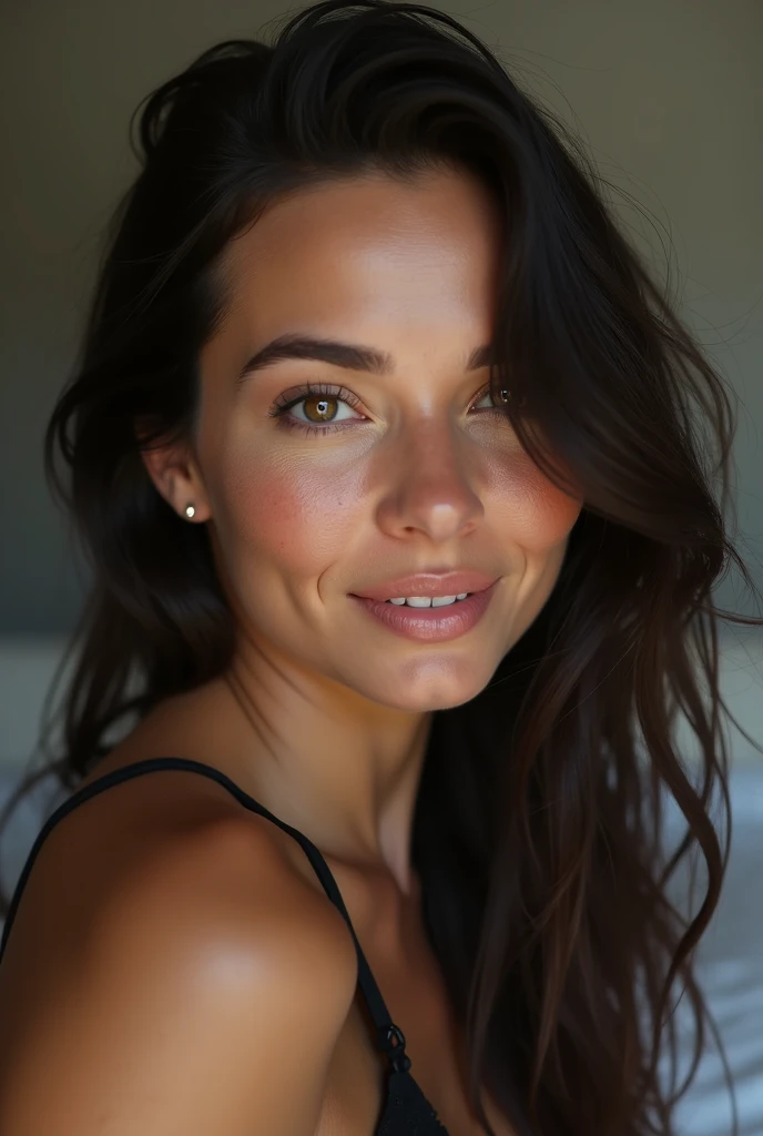 work of art, best quality image, high qualiy, beautiful girl, Brazilian, make-up, detailded, Swollen Eyes, detailded eyes, detailded skin, beautiful fur, ultra high resolution, (reality: 1.4), Very beauthful, Slightly older face, beautiful fur, 苗条, (ultra realistic), (illustration), (high resolution), (highly detailded), (best illustration), (beautifully detailded eyes), (super detailded), (wall-paper), (detailded face), Selfie, fine-details, detailded face, pureerosfaceace_v1, smiling, looking straight ahead, looking straight ahead, waist up angle, photo realist, bright lighting, professional lighting, long hair, dark abandoned, white bed, black lingerie, mature woman, (8k)