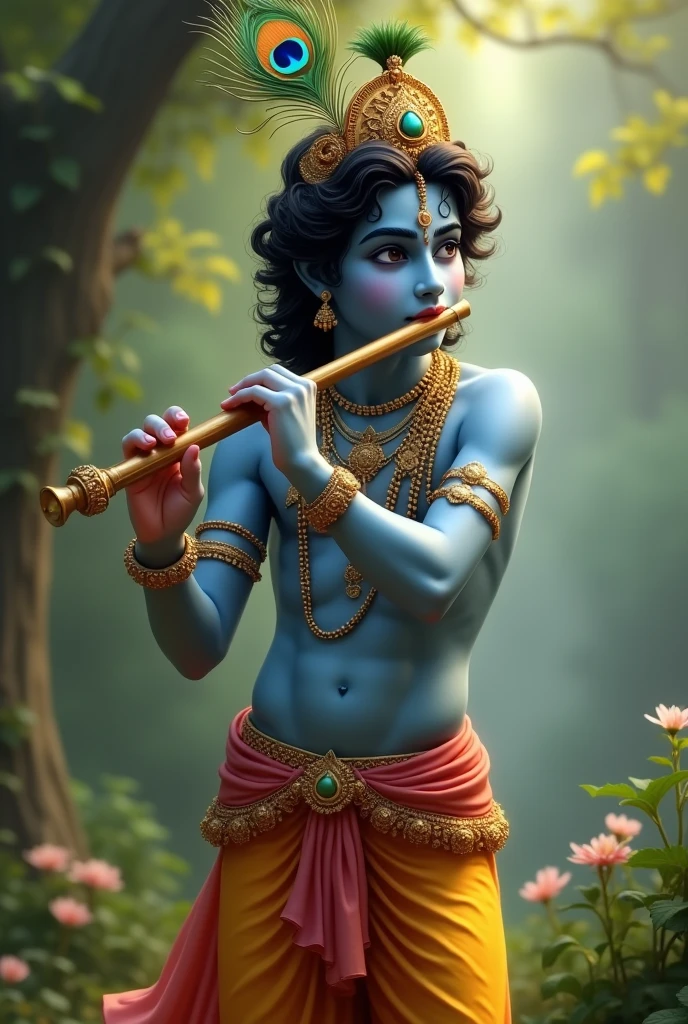 Krishna ,playing flute,have peacock feather, slim fit body,