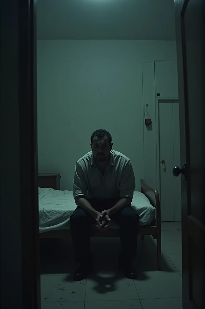 Poor empty room,  one bed,  one criminal sittint on his bed,  police present, criminal fears 