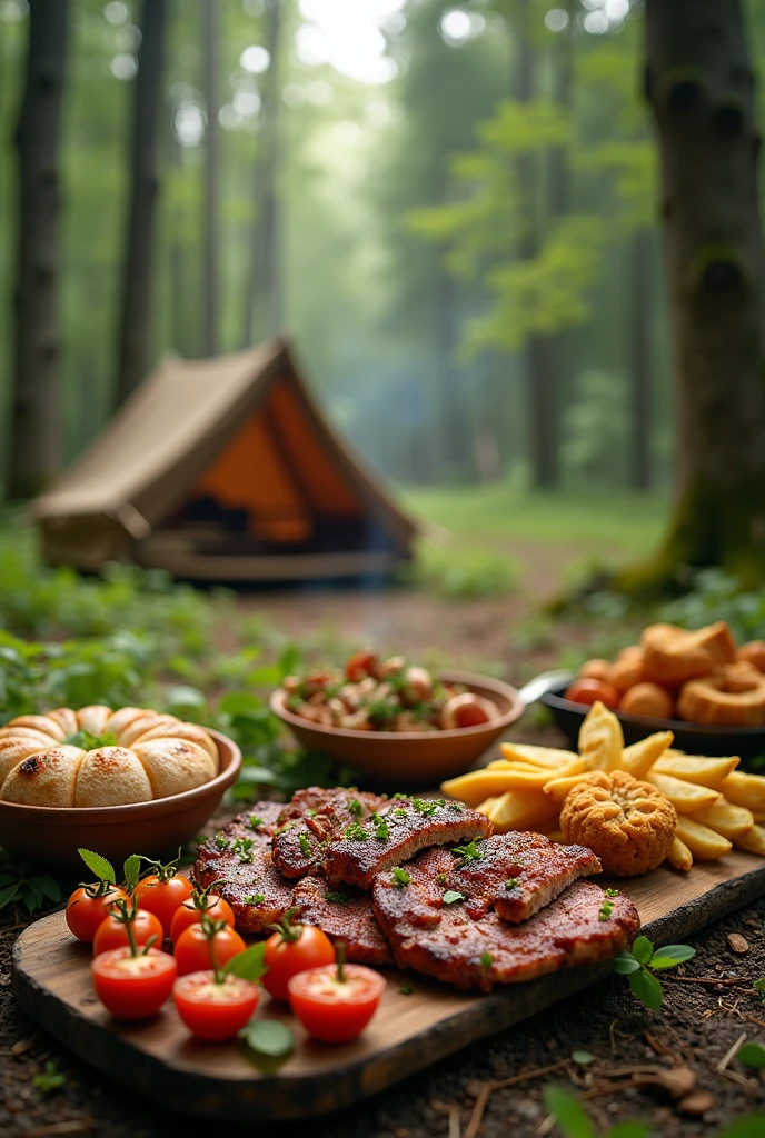 create an AI photo of a campsite with cool food and a forest. With simple food without people and during the day