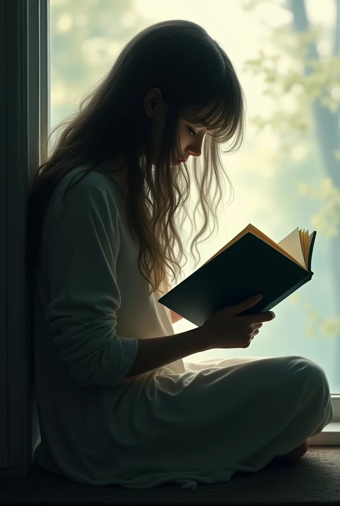 Silhouette of a girl with long hair sitting and reading a book