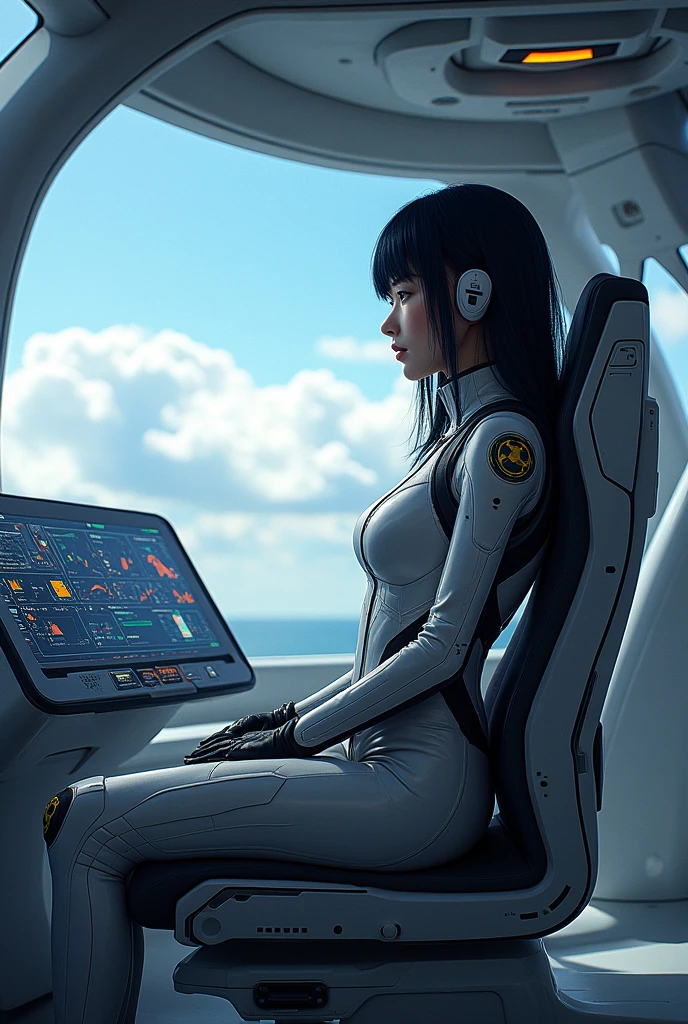 cockpit、All-sky monitor、360° Monitor、View AR support information、All sides are monitored、Real、The seat appears to be floating in the air、Japanese women、Pilot Suit、Half helmet、Black Hair、Shortcuts、