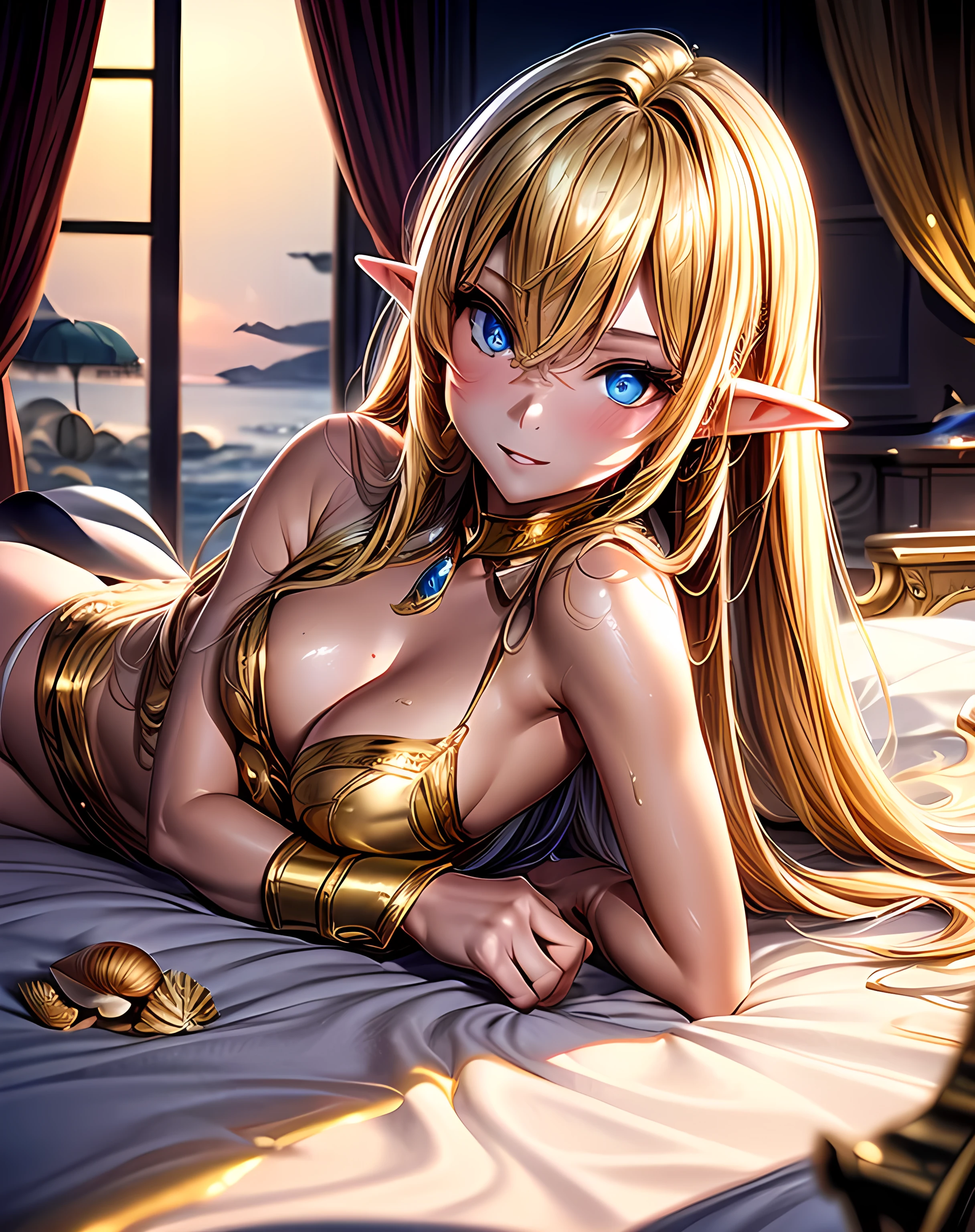 Golden tan, Elf, sunlit gold flowing hair, deep eas blue eyes, sexy courtesan, automatic rifle on back, revealing clothes, laying on bed, brothel, sea shells all over bed.