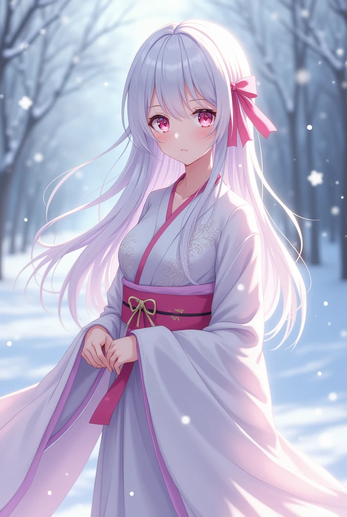 Female anime character, long white hair, pink eyes, snow white skin, long white kimono with a pink bow