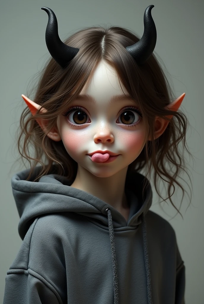 Boy with long brown hair, black eyes, black demon horns, a grey hoodie, sticking tongue out
