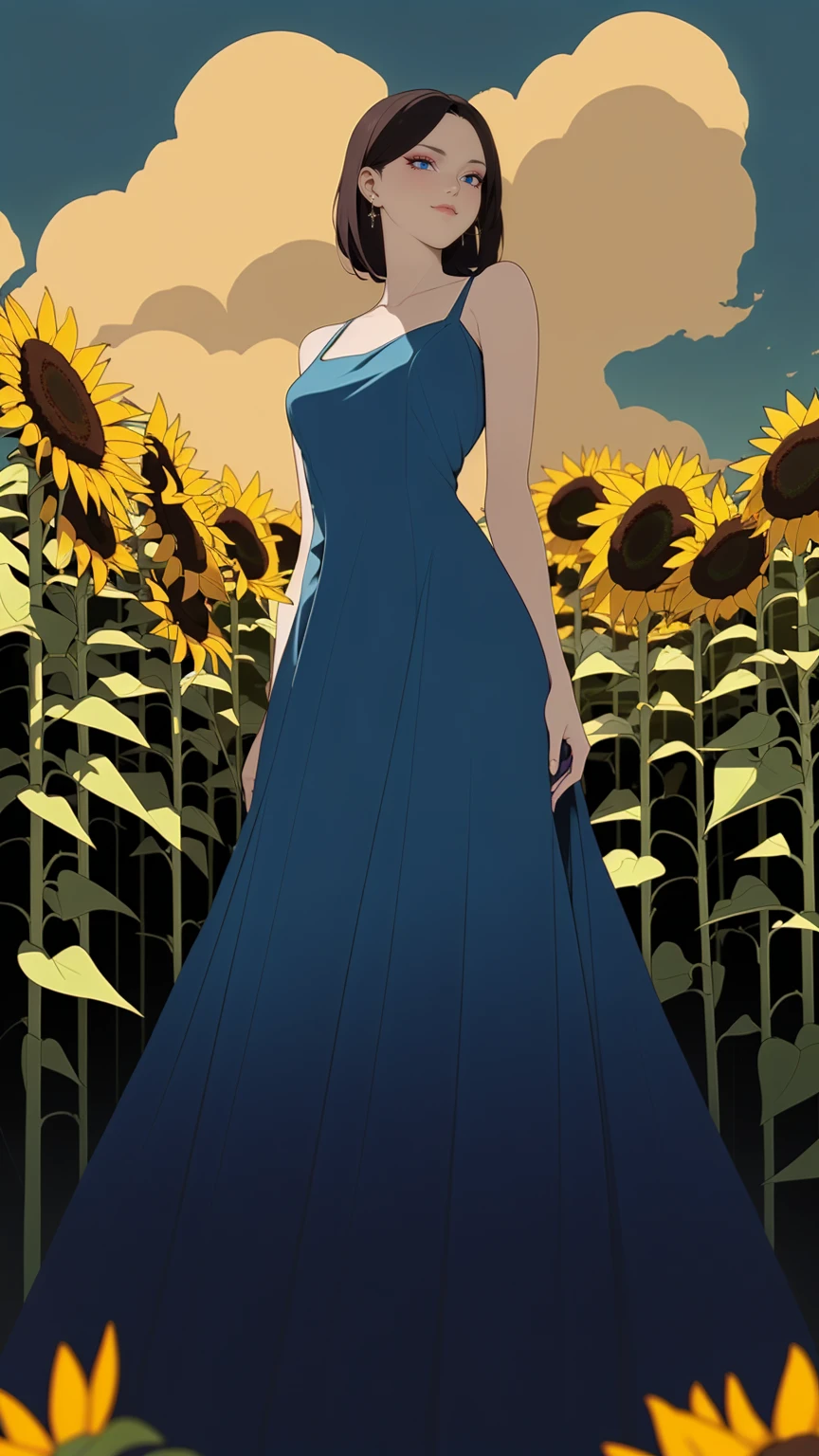 An exceptional pretty female, blue dress, standing in a field of sunflowers, (outstanding composition, masterpiece:1.4), (from below), (line art:1.2), bright colors
