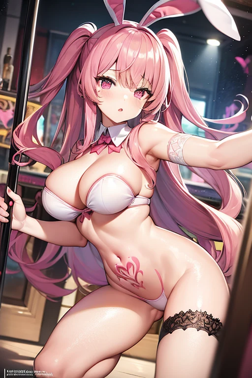 ((best quality)), ((masterpiece)), (detailed), perfect face, girl, pink bunny suit, fishnet stockings, luxury room theme, pole dancing, glowing pubic tattoo, exposed stomach,