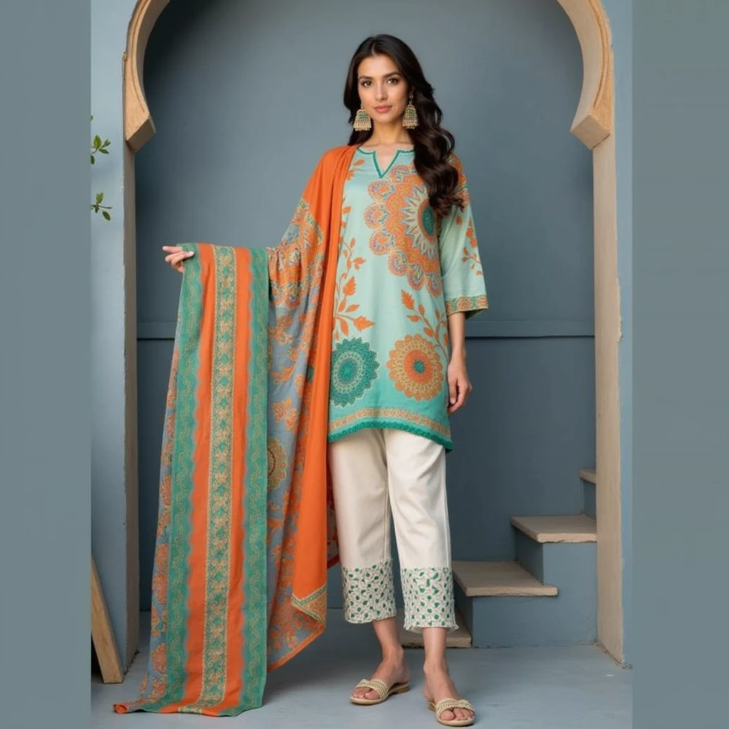 young woman wearing a sapphire unstitched printed lawn suit. A light blue kameez with printed green and orange colour circular and leaves design. White trouser and dupata has green orange flowing pattern and circular and leaves pattern. The dupatta is draped over the woman one shoulder. She has long silky open hair. The woman is standing in front of a plain brown studio background with a beautiful face having little smile. There are stairs and archway in background