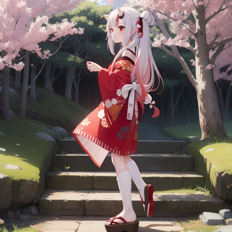 ((masterpiece,best quality)),outdoor, Red Torii, Tree, stairs,, 2 girls, Shrine maiden,Shrine maiden, Looking at the audience, look back,, Red Legwear, red Ribbon, Black Hair,樱flower, sky, flower, Hair Bun, hair Ribbon, Japanese clothes, kimono, Long hair, Cat ears, small flowers,, Multiple girls, Red Eyes, Red hair, Ribbon, sandals, single Hair Bun, permanent,clog sandals,white kimono, Yellow eyes,火flower,High Leg Raise,