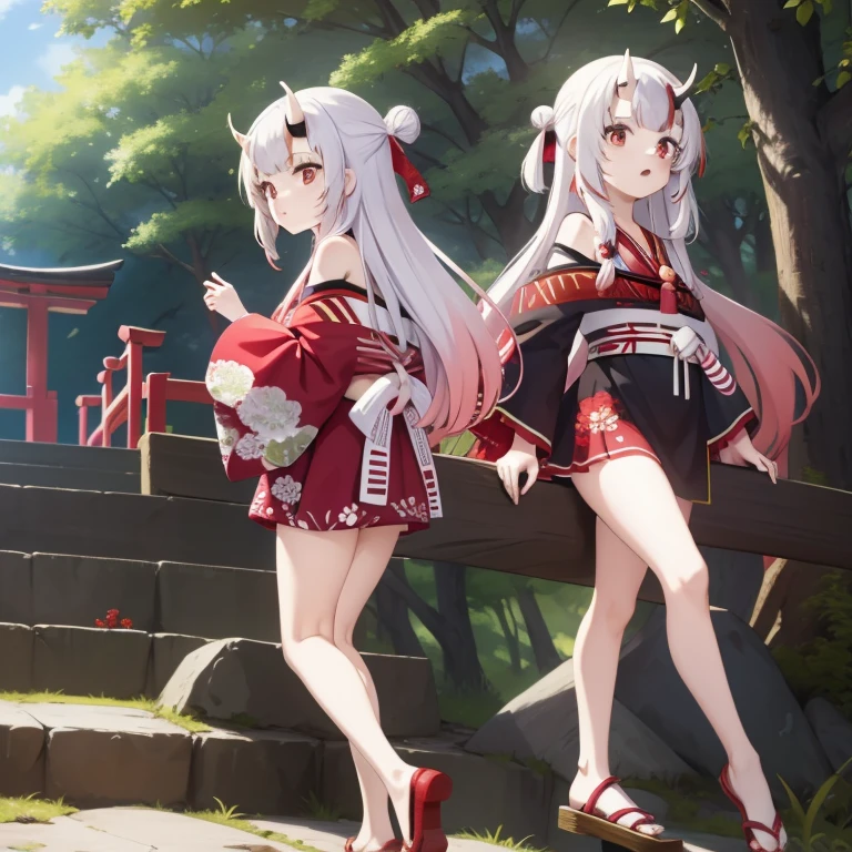 ((masterpiece,best quality)),outdoor, Red Torii, Tree, stairs,, 2 girls, Shrine maiden,Shrine maiden, Looking at the audience, look back,, Red Legwear, red Ribbon, Black Hair,樱flower, sky, flower, Hair Bun, hair Ribbon, Japanese clothes, kimono, Long hair, Cat ears, small flowers,, Multiple girls, Red Eyes, Red hair, Ribbon, sandals, single Hair Bun, permanent,clog sandals,white kimono, Yellow eyes,火flower,High Leg Raise,