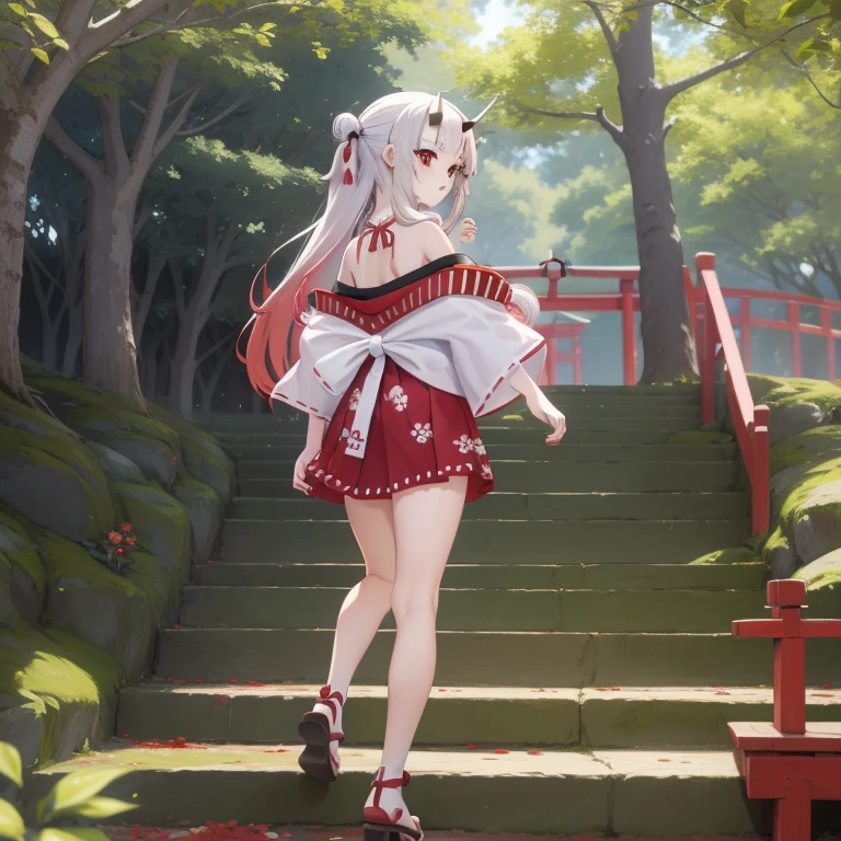((masterpiece,best quality)),outdoor, Red Torii, Tree,  stairs,, 2 girls, Shrine maiden,Shrine maiden, Looking at the audience, look back,, Red Legwear, red Ribbon, Black Hair,樱flower, sky, flower, Hair Bun, hair Ribbon, Japanese clothes, kimono, Long hair, Cat ears, small flowers，, Multiple girls,  Red Eyes, Red hair, Ribbon, sandals, single Hair Bun, permanent,clog sandals,white kimono, Yellow eyes,火flower,High Leg Raise,