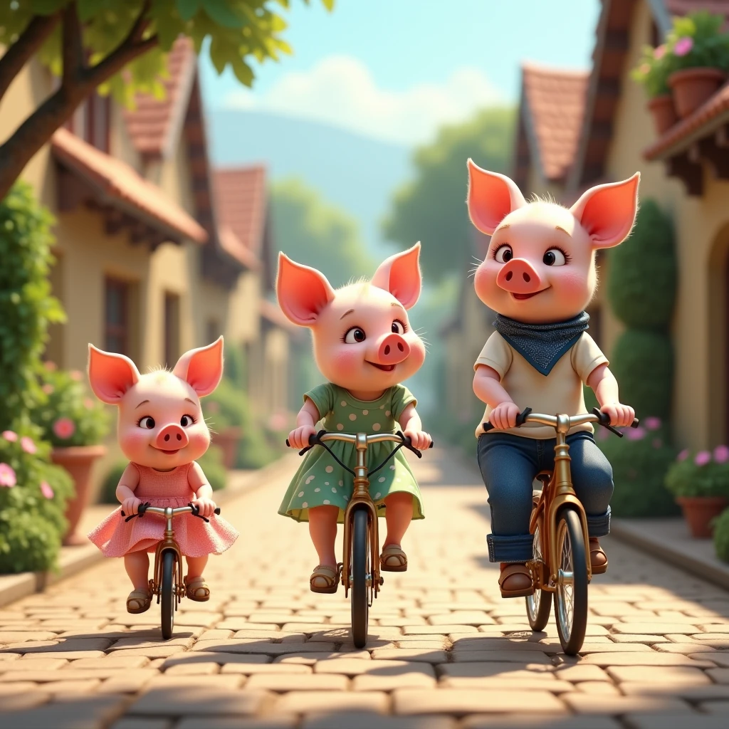 pixar style, 3d, 3 cute, good looking piglets, wearing dresses riding bicycles on cobblestone road in village, smallest piglet on left is wearing pink dress with white flowers:1.3, middle piglet in centre is wearing green dress with white polka dots:1.3, eldest piglet on the right is wearing white t-shirt blue jeans and a blue bandana:1.3, game button art, Game illustration, lovely digital painting, artstation for kids art, Official artwork, key art, mobile game art, cover game art, zootopia concept art, (soft lighting:1.3), (green and earthy color scheme:1.3), (highly detailed), (ultra quality:1.3), (masterpiece), (digital art), 8K resolution, HDR, depth of field, (soft shadows), (photorealistic:1.3), (animation:1.2), (by Greg Rutkowski:0.9), (in the style of Alphonse Mucha), trending on ArtStation, award-winning art, 3d style