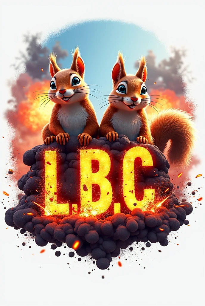 A logo with the initials "L.b.c" with realistic squirrels and explosions