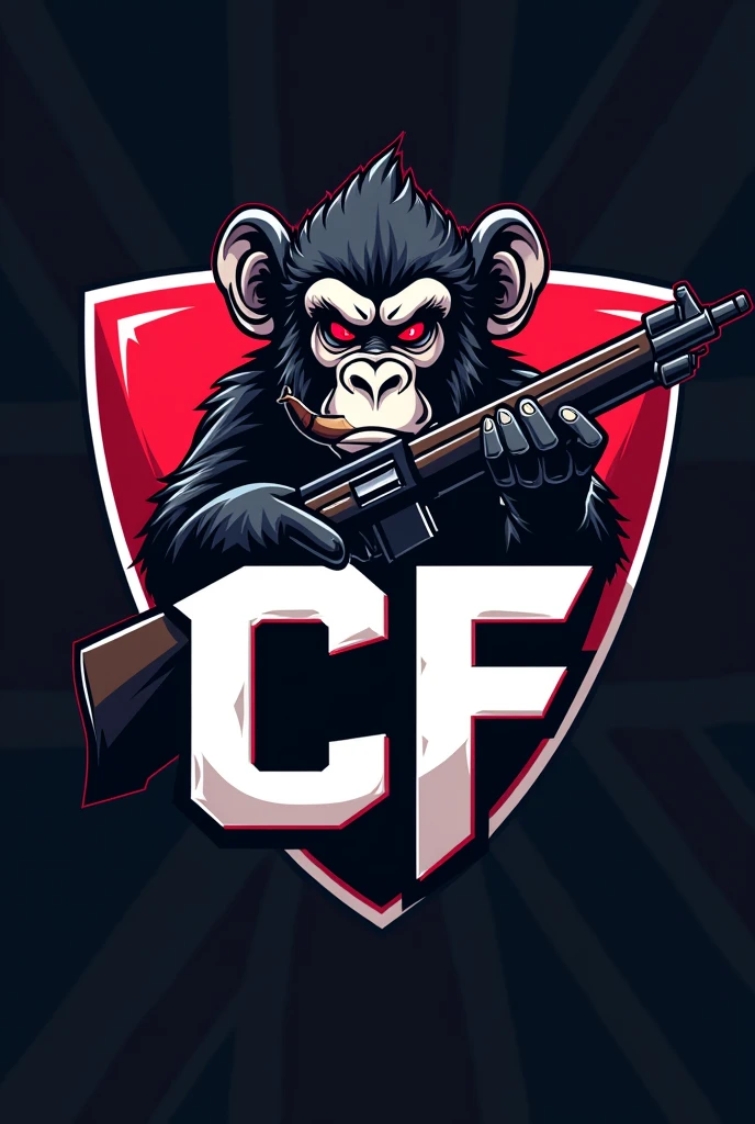 CREATE AN E-SPORTS TEAM LOGO WITH A MONKEY SMOKING AND HOLDING A RIFLE IN THE LOGO AND PLACE IT "CF" FEATURED IN THE LOGO, with the flag of England