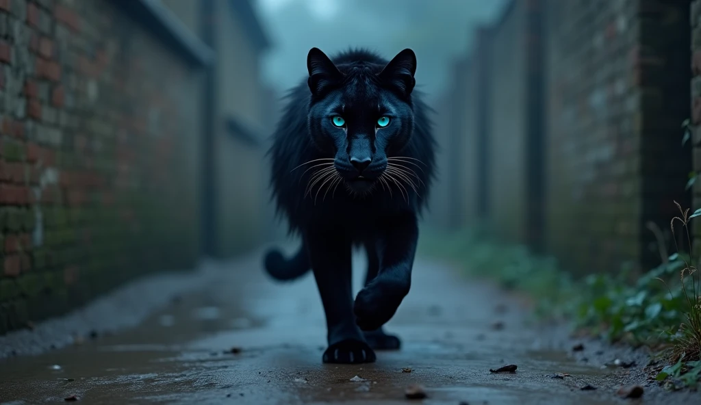 Complete full body image and very real. A Panther Woman, she walks gracefully on two legs, with long black hair, black fur with deep indigo blue slitted eyes. mischievous look Photorealism, full view, highly detailed image, very realistic, hyperrealism, Ultra HD, 8k, 5, sharp focus, intricate and mysterious masterpiece. (Long exposure photography Very detailed close-up portrait artistic illustration: final quality, medium shot, backlight, Rich and striking. Enigmatic and mysterious manipulations (composition of the rule of thirds), ((detailed environment with strong lines) The best quality, in camera, white light, warm and clean aesthetics, dazzling screen composed of millions of brilliant ultraviolet rays, HDR.