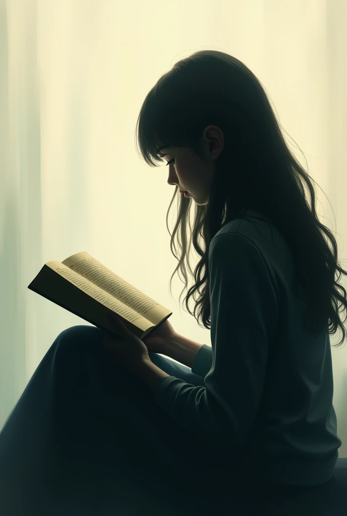 Silhouette of a girl with long hair sitting and reading a book