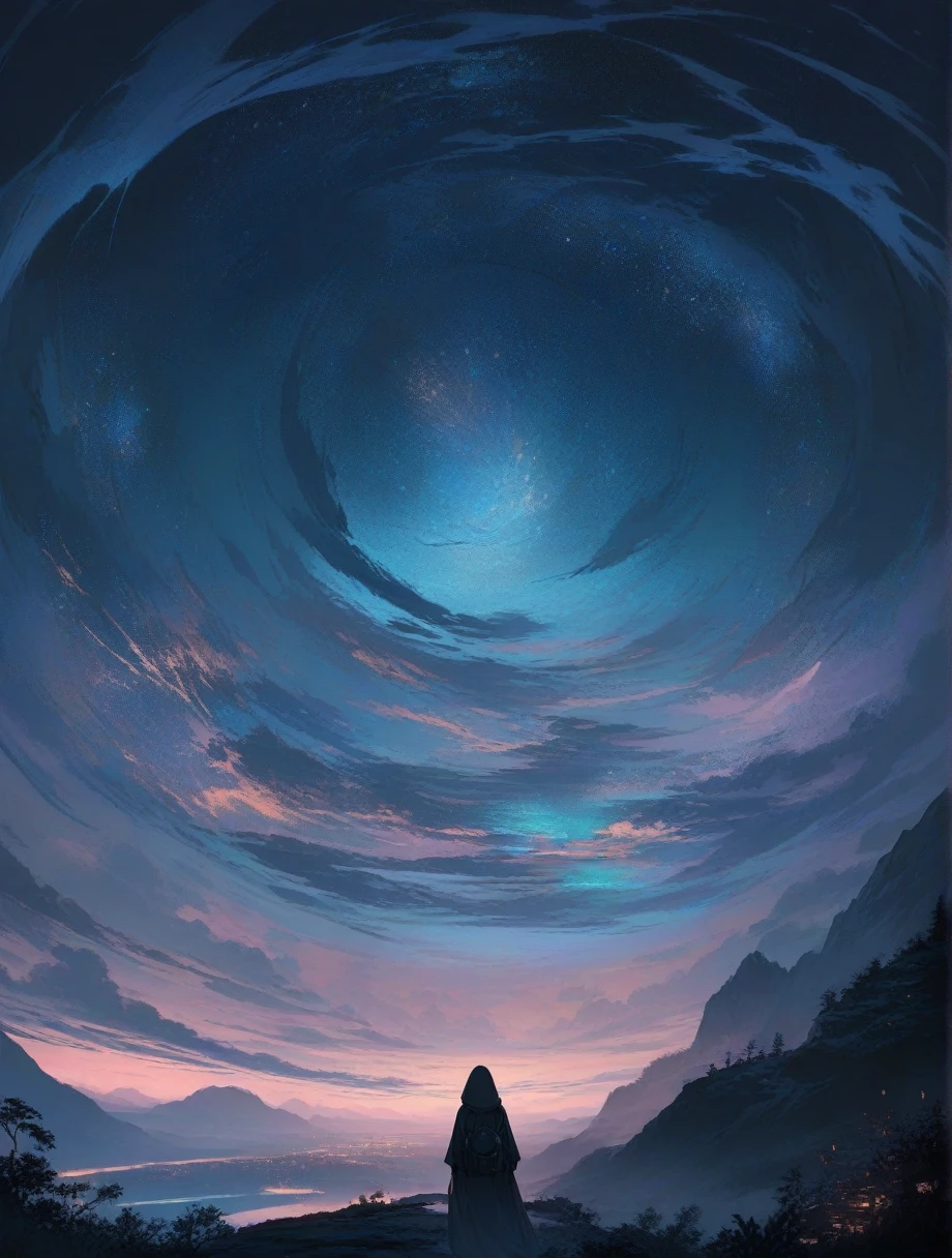score_9, score_8_up, score_7_up, score_anime, masterpiece, top quality, delicate illustration, sharp lines, sharp focus, BREAK,Traveler girl wandering in the endless night world,girl wearing a hood,backpack full of stuff,night Otherworldly, Fantastic scenery, Beautiful landscape, Harmony with nature, Spectacular view, ((dark)), Scenery that no one has ever seen before