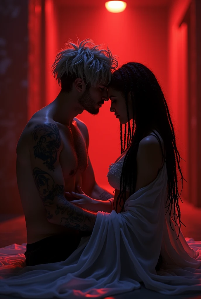 

Wide shot of a romantic black basement with red lights,  silhouette of a man with short hair shaved on the sides, brown with white highlights, disheveled , sitting and that of a woman sitting on his lap with black dreadlocked hair, velas romantic, dynamic poses, romantic, covered with a white silk cloth, hair in hands behind back.