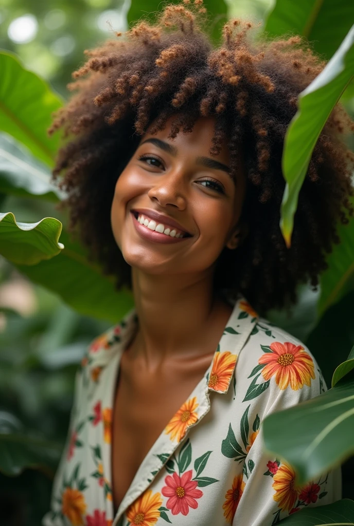 A Brazilian woman in a lush tropical garden, wearing an open shirt with a floral print, with a close-up capturing the harmonious beauty between her breasts and the natural flowers, showing off your natural charm and outgoing personality.