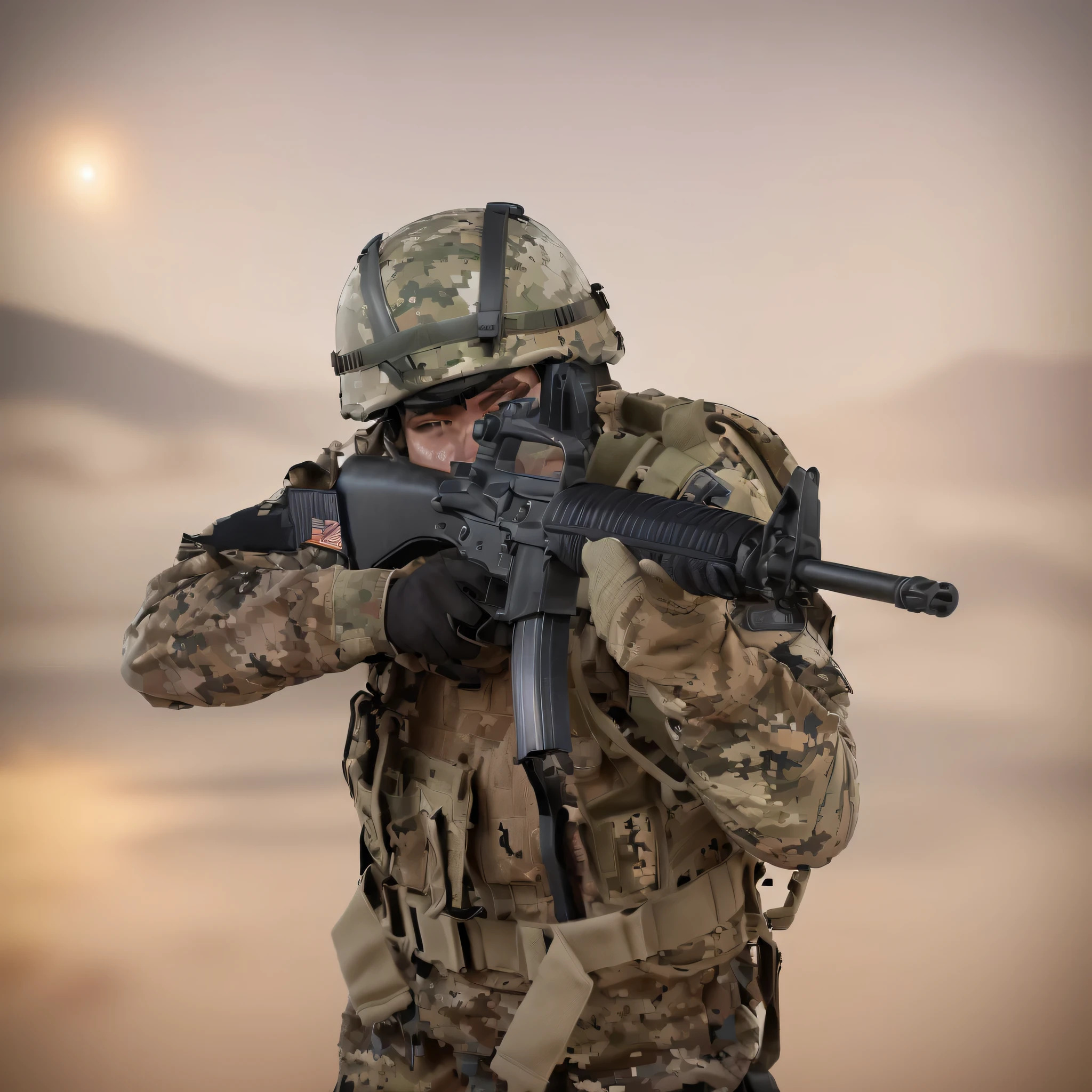 arafed soldier with a gun in his hand and a helmet on, a soldier aiming a gun, airsoft cqb, airsoft gun, shoulder mounted gun, man is carrying a rifle, wielding assault rifle, holding rifle, top shot, airsoft electric pistol, handling riffle on chest, military weaponry, battle action pose, holding a rifle, realistic soldiers, masterpiece, best quality, hires, nighttime, US Military base invaded, war zone atmosphere.