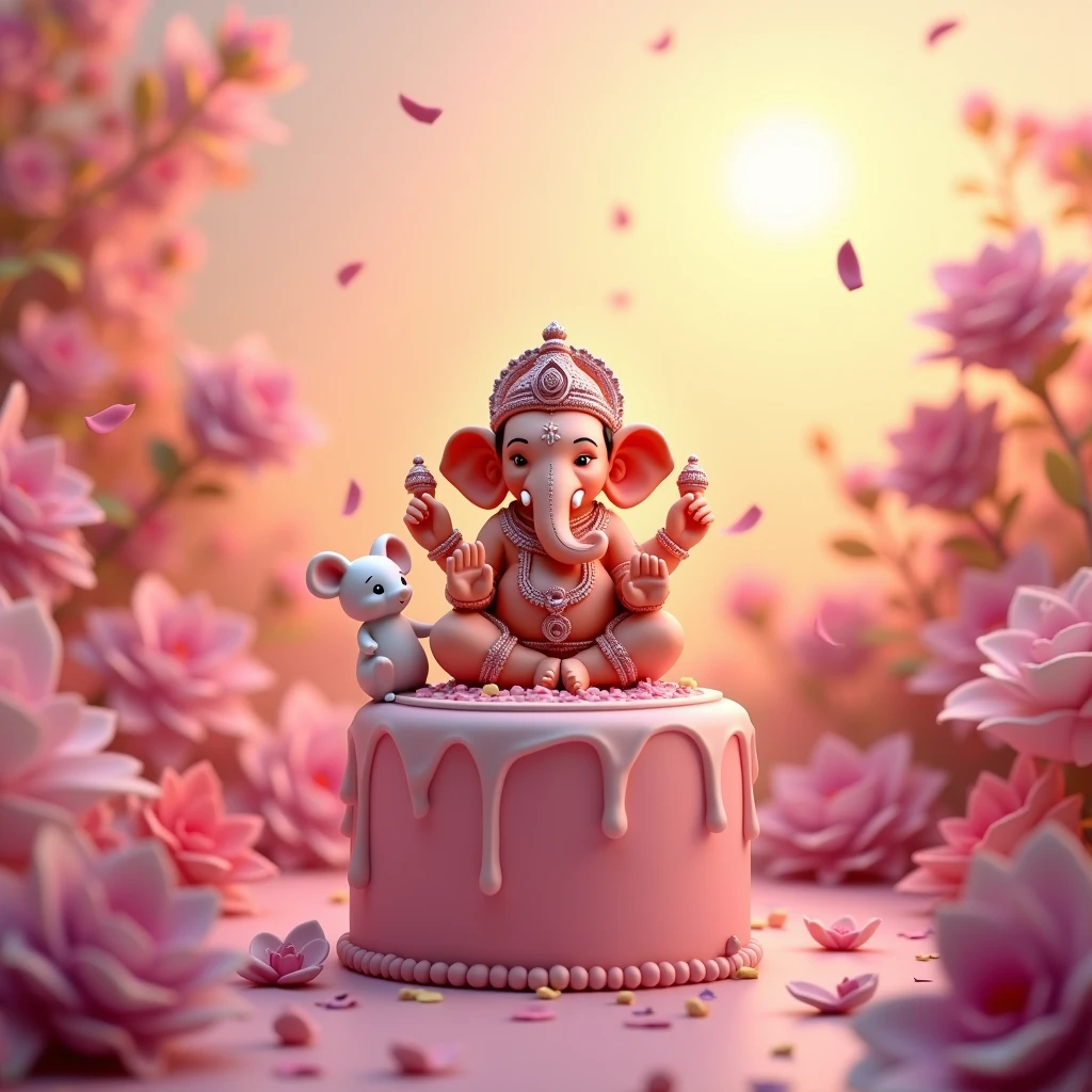 Imagine 3d realistic image is a  small figurine of the Hindu deity Ganesha, also known as the Hindu god of wisdom and success. The figurine is sitting on a pink cake with a white mouse on top of it. The background is filled with pink and purple flowers and leaves, and there are confetti falling from the sky. The sky is a beautiful orange and pink color, and the sun is shining brightly in the top right corner. The overall mood of the image is peaceful and serene.