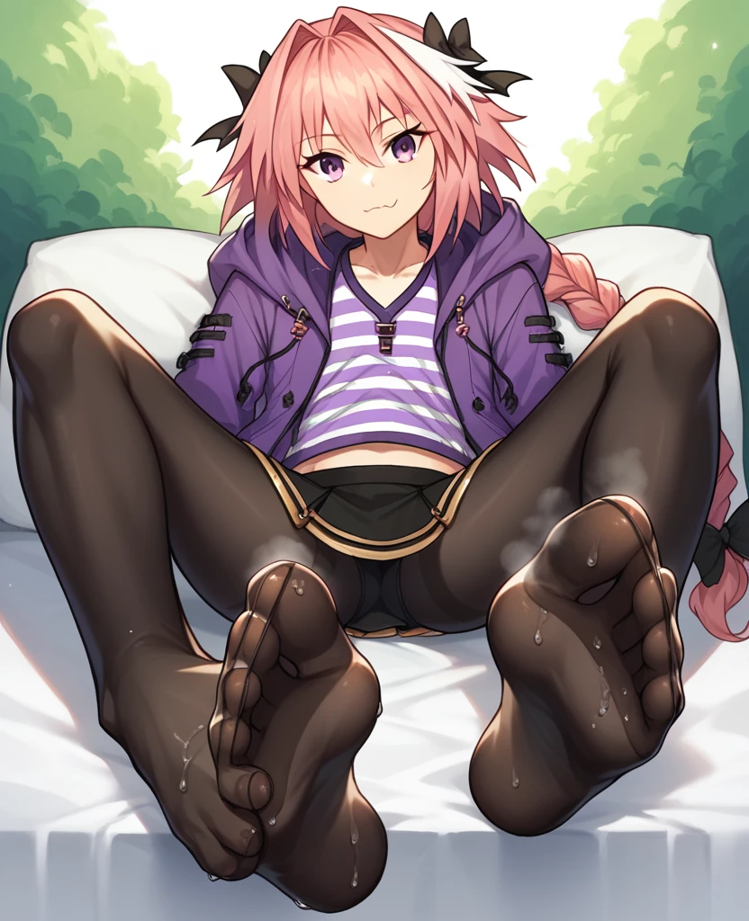 masterpiece, best quality, 1 boy, Astolfo, Feminization, long Weaving, Weaving, Hair between the eyes, hairpin, Long hair, Black skirt, hooded jacket, Hairpin, shirt, Open clothes, outdoor, mini skirt, black bow, jacket, Long hair, Long sleeve, Black pantyhose, purple jacket, Sitting on the bed, 有条纹的 shirt, Headband, Variza, With a black dividend, Black soles, Black pantyhose, Foot view, Protruding feet, Wet feet, Focus on the feet, Steam around feet,Bottom-up view