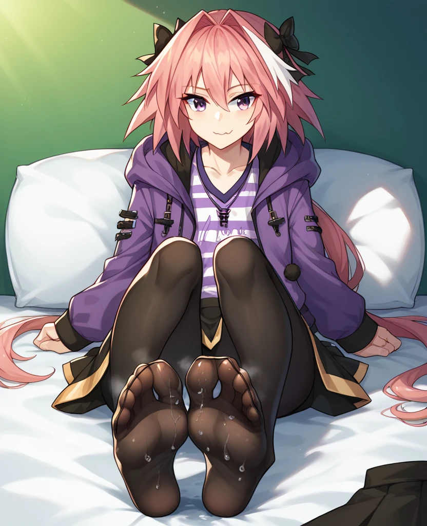 masterpiece, best quality, 1 boy, Astolfo, Feminization, long Weaving, Weaving, Hair between the eyes, hairpin, Long hair, Black skirt， hooded jacket, Hairpin, shirt, Open clothes, outdoor, mini skirt, black bow,  jacket, Long hair, Long sleeve, Black pantyhose, purple jacket, Sitting on the bed, 有条纹的 shirt, Headband, Variza, With a black dividend, Black soles,  Black pantyhose,  Foot view, Protruding feet, Wet feet, Focus on the feet, Steam around feet，Bottom-up view 